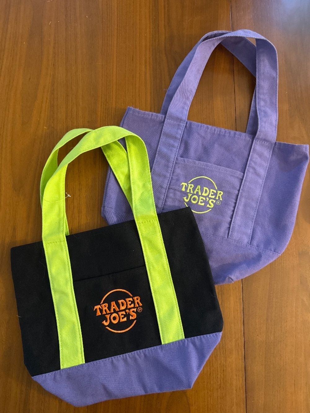 Set of 2 Trader Joe’s Mini Cavas Tote Bags- Black & Purple